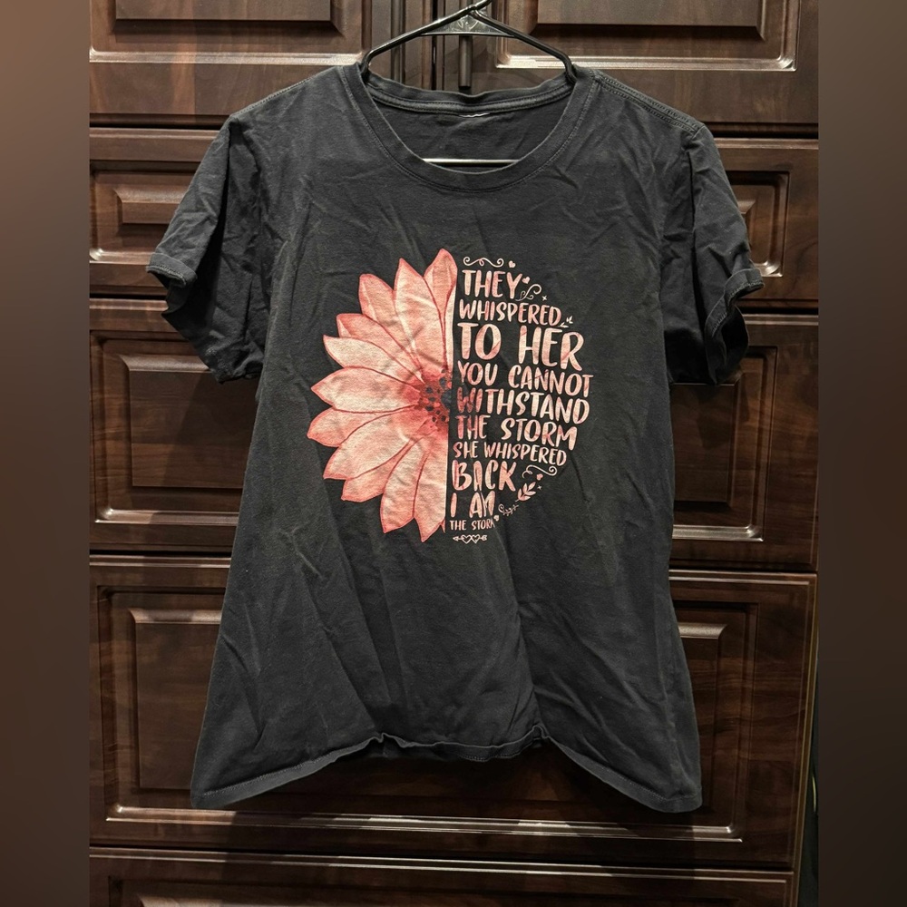 Hand Crafted Black Short Sleeve Tee with Pink Sunflower Graphic